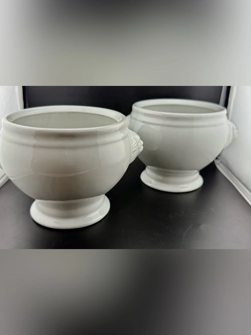 2 Sur La Table lion head handles soup bowls. Large. White porcelain. 38 oz